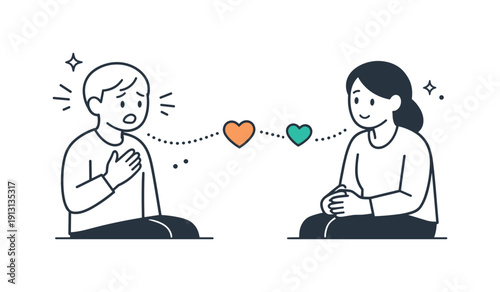 Emotional communication. A person expressing feelings while another listens, gentle icons of hearts and lines connecting them to show