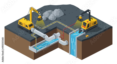 Water treatment process illustration with excavators and pipeline.