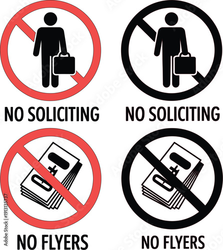 No soliciting and no flyers prohibited sign vector set with red and black circles featuring salesman with briefcase and pamphlet.