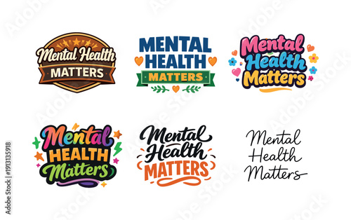 Mental Health Matters. Set lettering. harmonious lettering variations of the same emblematic concept, each with different artistic
