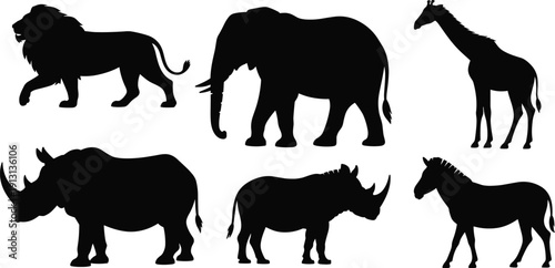 Black silhouettes of iconic African wildlife including lion, elephant, giraffe, rhinoceros, and zebra, perfect for safari illustration, conservation design, decorative art, and educational use