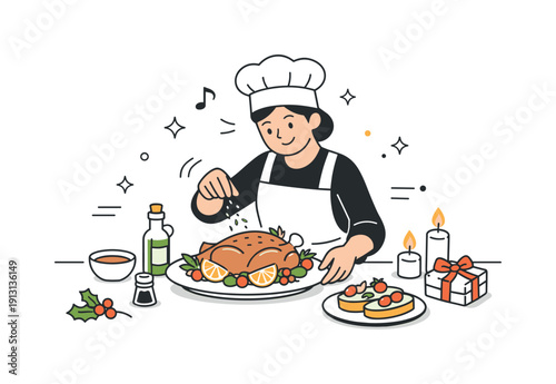 Festive home cooking. A cook decorates a finished dish on the table, adding final touches before guests arrive. Pride, care, and joyful
