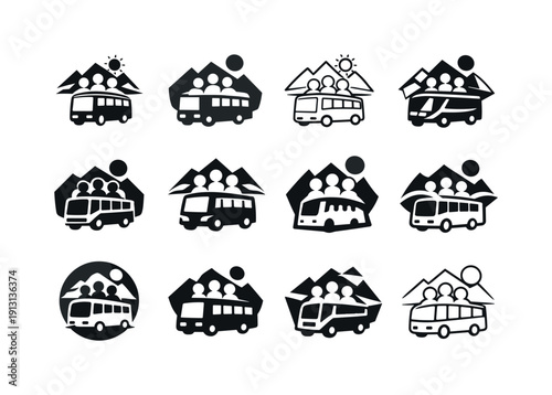 Group Travel Logos. Group travel. Icon set. Set Logo of Group travel: bus tour symbol. harmonious logo variations of the same emblematic concept, each with