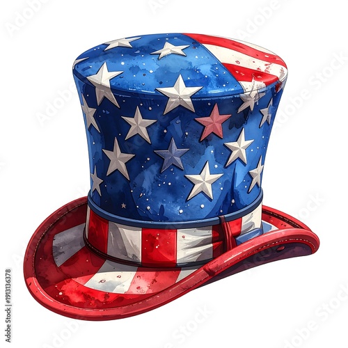 A patriotic top hat, featuring a blue crown with white stars and red & white stripes. The brim also shows stripes and watercolor effect