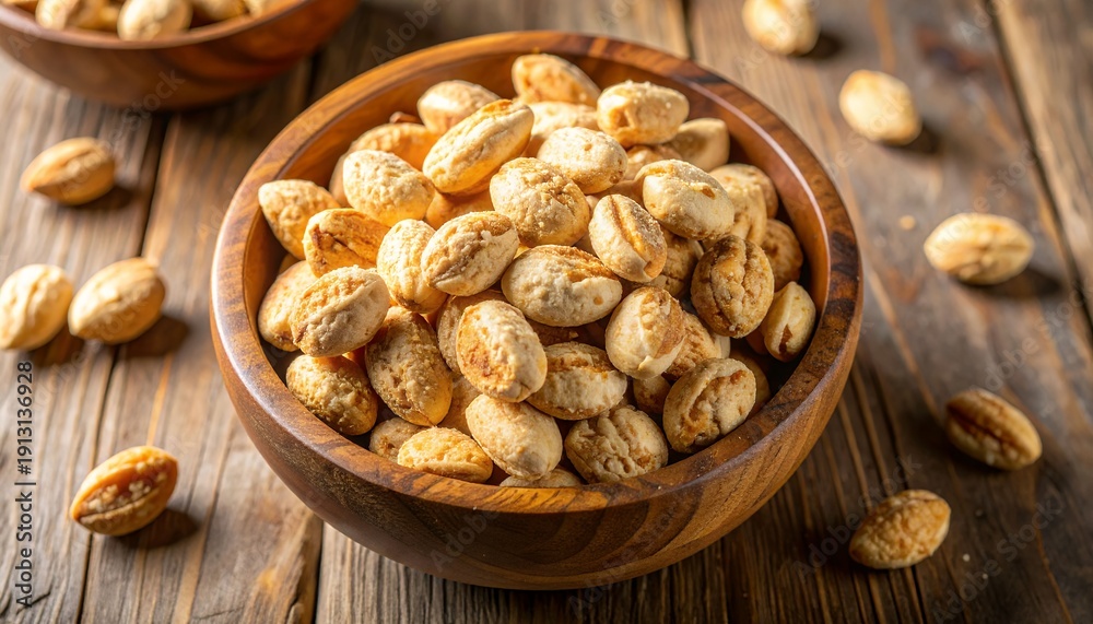 Fototapeta premium Delicious peanut cookies in a wooden bowl on a rustic wooden table surface