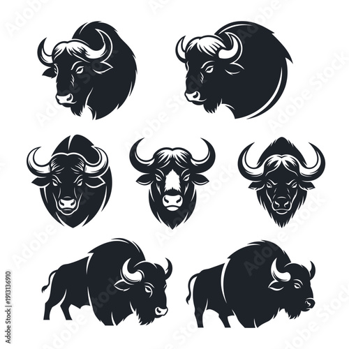 Collection of Bison and Buffalo Head and Full Body Silhouettes.