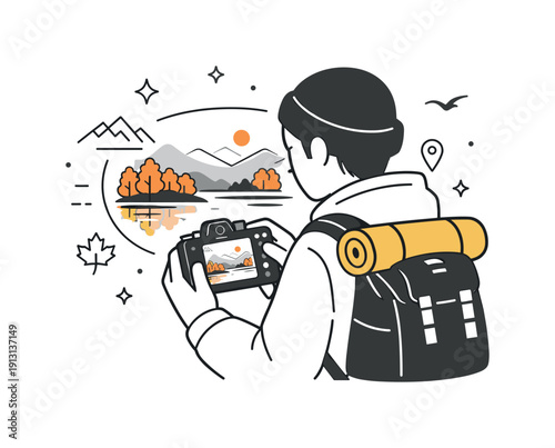 Capturing fall moments. A traveler reviewing photos on a camera screen, autumn landscape softly visible behind. Reflection, storytelling,