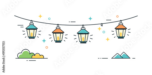 Outdoor lanterns string lights. A row of lanterns hanging on a string, softly illuminating an open outdoor space. The scene feels festive yet