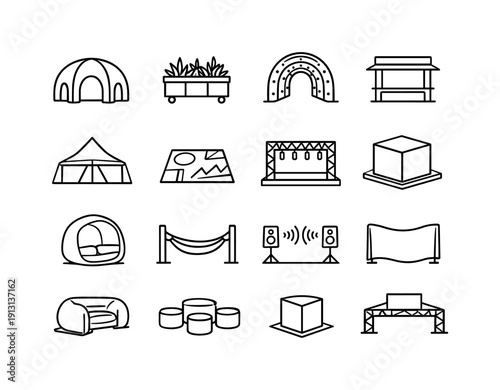 Urban Installation Icons. Temporary Urban Installations. Line icon set of Temporary Urban Installations: inflatable pavilion, moveable planter, light tunnel,