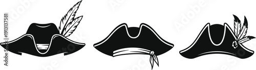 Vintage pirate tricorn hat silhouette set, classic buccaneer costume accessory vector illustration isolated on white background
