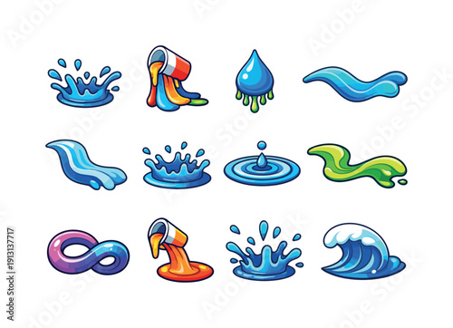 Liquid dynamics. Colorful isometric vector icons set of liquid dynamics: water splash, paint pour, dripping drop, liquid wave line, flowing