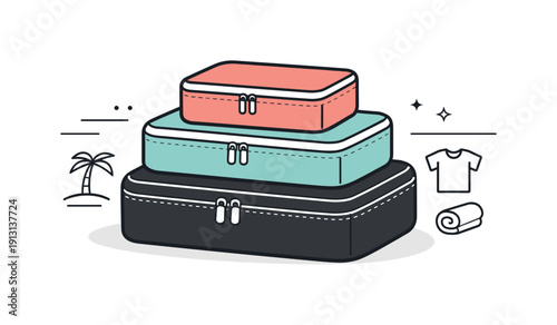 Minimalist Packing Cubes. Minimal packing cubes set. Several packing cubes zipped and stacked symmetrically, subtle stitching lines and soft edges suggesting