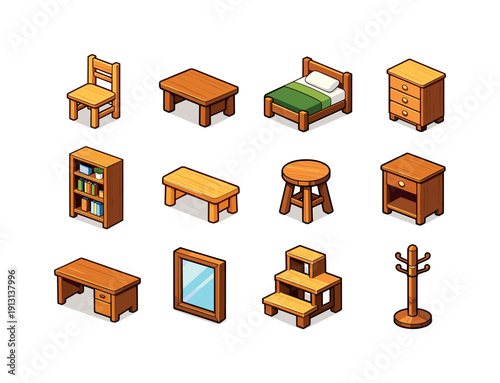 Colorful Wooden Furniture Icons. Wooden furniture. Colorful isometric vector icons set of Wooden furniture: pine chair, oak table, wooden bed, drawer cabinet,