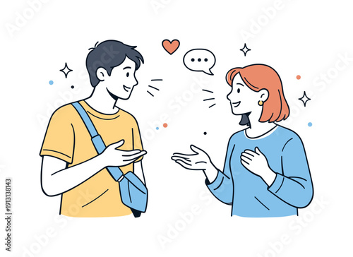 New Connections. Relationship beginnings. Two people meeting and talking with light smiles, gentle gestures and open posture. Feeling of curiosity, connection,