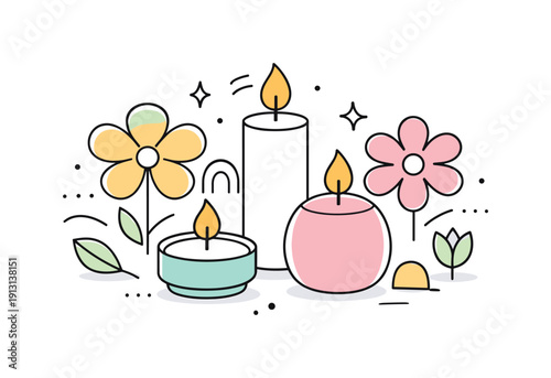    Spring candles pastel. Abstract glowing candle forms in pastel tones placed among geometric floral shapes, suggesting warmth and lightness of