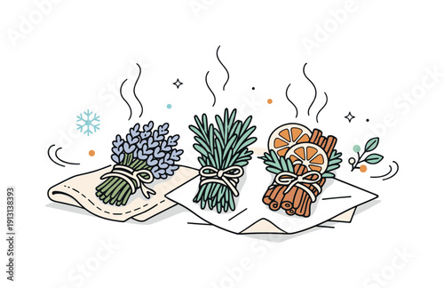 Herbal Winter Serenity. Herbal bundles winter scene. Dried herbs tied with twine and placed casually on fabric or paper, subtle steam or scent lines rising.