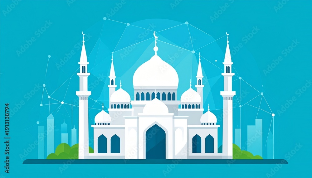 Fototapeta premium Modern white mosque with domes and minarets digital illustration futuristic cityscape background