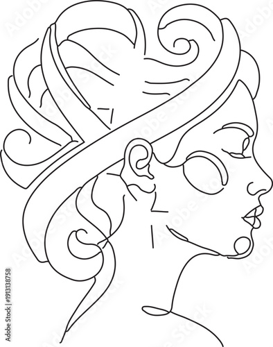 Line Art Illustration of a Woman's Profile with Elaborate Stylized Hair