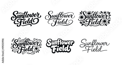 Harmonious Lettering Grid. Sunflower field lettering. Set lettering. harmonious lettering variations of the same emblematic concept, each with different