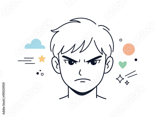 Emotional awareness. A close-up face showing anger through sharp eyebrows and tense lips, balanced with calm abstract shapes to keep a soft,