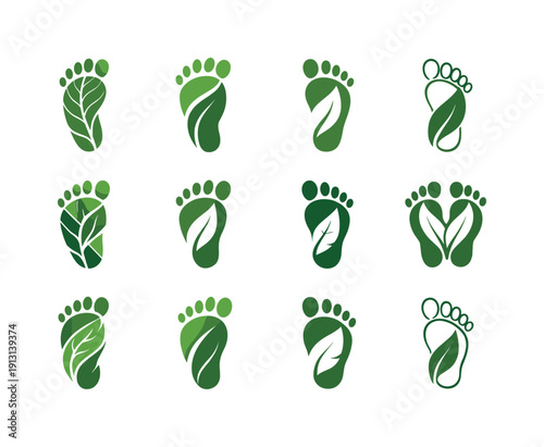 Eco-tourism. Icon set. Set Logo of eco-tourism: footprint with leaf imprint. harmonious logo variations of the same emblematic concept, each