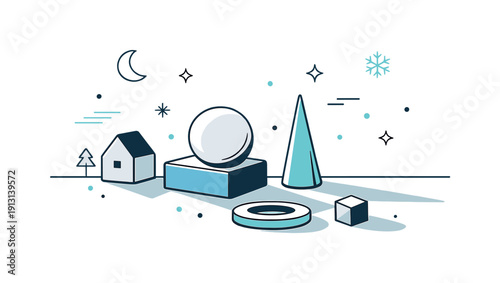    Cold morning atmosphere. Abstract shapes resting in low cold light with long gentle shadows stretching across the surface. The illustration