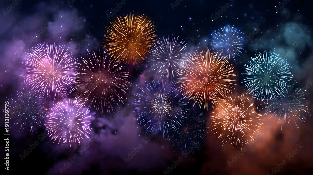 Fototapeta premium Spectacular and vibrant fireworks explode illuminating a dark night sky with a dazzling colorful and festive display