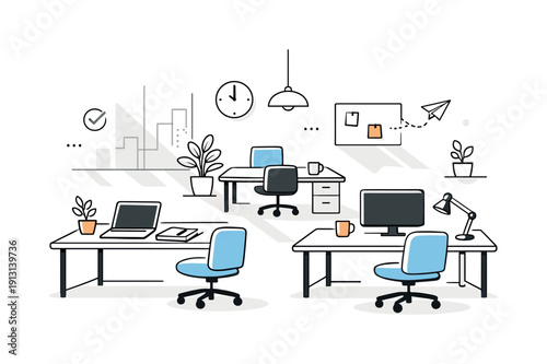 Workplace pause or shift. A thoughtful editorial scene where a fully set open office remains unused, with light filtering across untouched