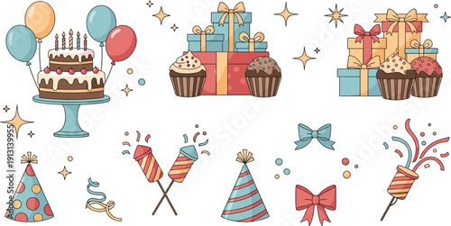 Birthday party clipart set with cake, gifts, cupcakes, balloons and confetti