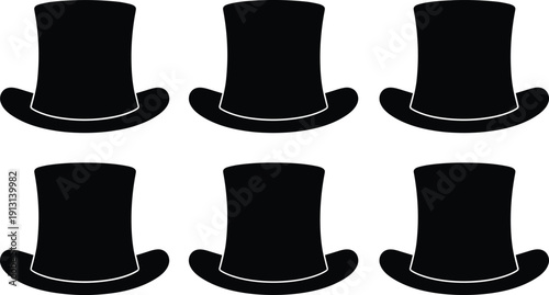 Classic black top hat silhouette vector set, formal gentleman cylinder hat icon collection isolated on white background