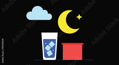 Glass of cold water with ice cubes under night sky moon and cloud, flat minimal illustration concept