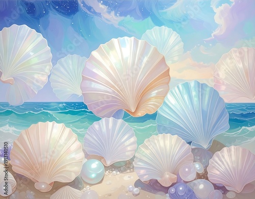 Pastel seashells on a beach scene