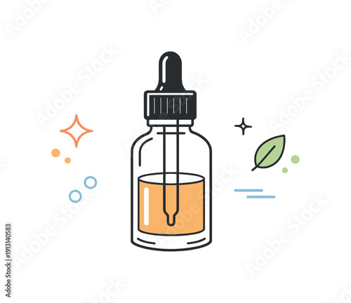 Minimalist Essential Oil Design. Minimal essential oil bottle. Single glass bottle with dropper centered in the composition, emphasizing purity and focus.