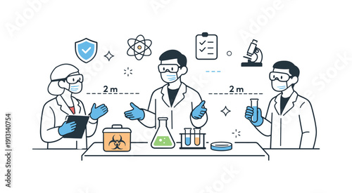 Responsible scientific work. A team discussing experiments while maintaining safety distance and proper handling of materials. Subtle symbols