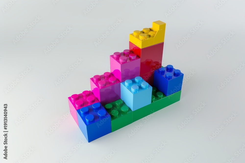 Fototapeta premium Colorful block graph with upward trend on white background, 3D cartoon style minimalistic illustration