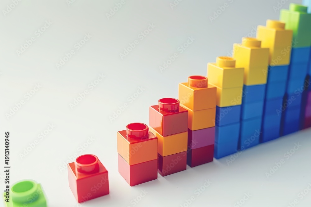 Fototapeta premium Colorful block graph with upward trend on white background, 3D cartoon style minimalistic illustration