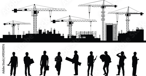 Black and white construction site silhouette set featuring tower cranes building industrial skyline and engineering workers in hard hats isolated on white background.
