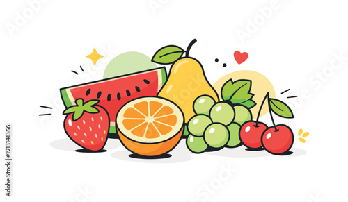 Spring Fruit Vectors. Spring fruits flat vectors healthy lifestyle. Fresh fruits combined with minimal abstract shapes, suggesting vitamins, freshness, and