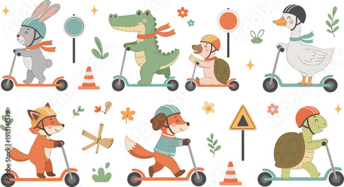 Cute animals riding scooters with helmets and road signs cartoon set isolated