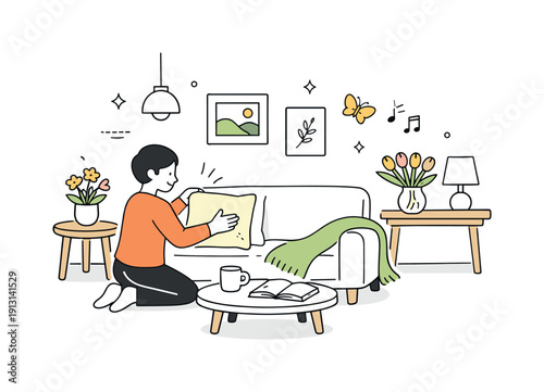 Spring interior decor. A person placing a light throw or cushion in a spring-themed living space, showing mindful preparation and softness in