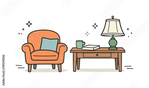 Vintage furniture styling. Armchair, wooden table, and classic lamp arranged in a simple interior scene, feeling of warmth and character.