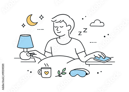 Mindful bedtime routine. A person closing their eyes after turning off a light or placing a phone aside, choosing rest. Quiet, healthy