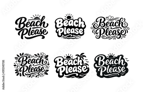 Beach Lettering Variations. Beach please. Set lettering. harmonious lettering variations of the same emblematic concept, each with different artistic