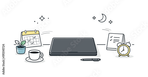    Laptop closed, day done. A peaceful desk layout with the device powered down, surrounding elements like a calendar or to-do list gently