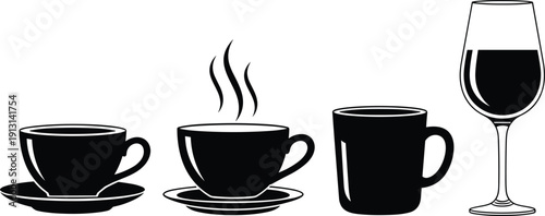 Collection of black vector silhouettes featuring various beverage containers including hot coffee cups with steam a ceramic mug and a glass of wine.
