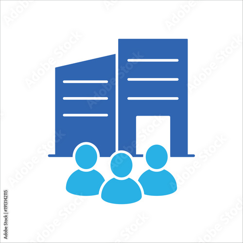 icon an enterprise corporation with building and team of people, isolated against a clean background.