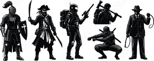 Silhouettes of women and girls in military and combat style