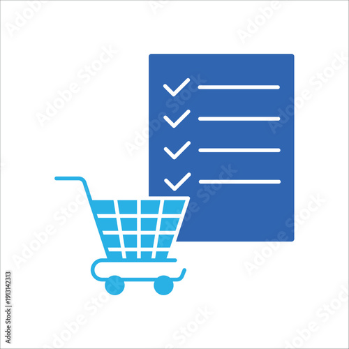 icon a purchase order with shopping cart and checklist document, isolated against a clean background.