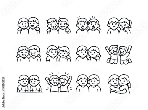 Sibling Emotions. Line icon set of Sibling Emotions: happy siblings, silly face duo, surprised reaction, crying with comfort, cheerful
