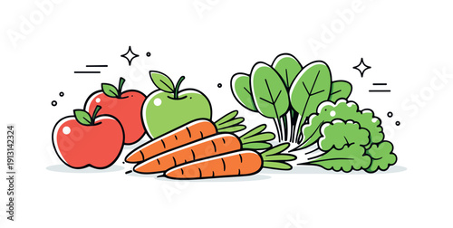 Fresh Produce Harmony. Fresh fruits and vegetables. A balanced arrangement of apples, carrots, and leafy greens laid out neatly. The scene feels fresh,
